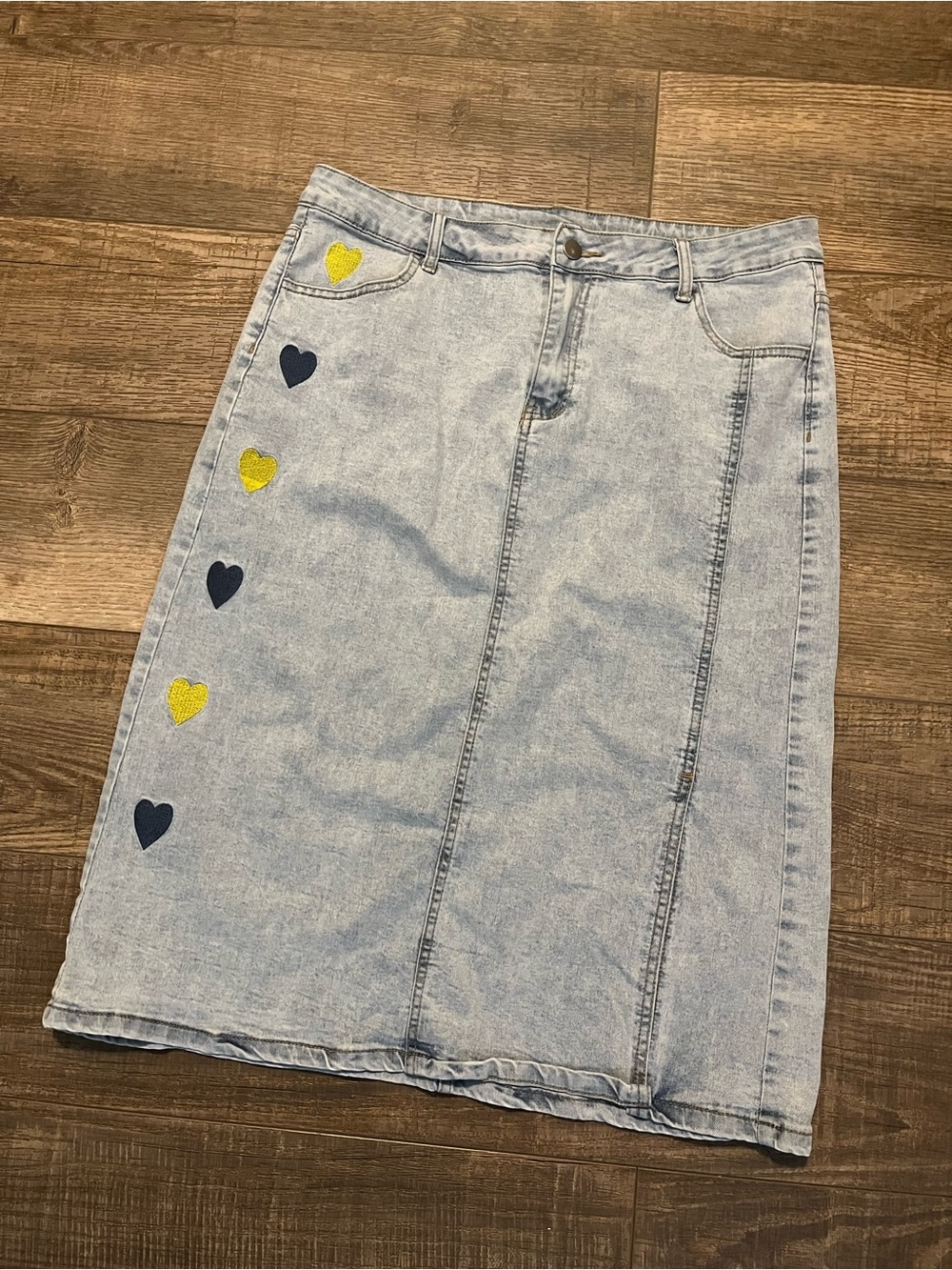 Light Blue Boho Denim Skirt with Navy and Yellow Embroidered Heart Accents